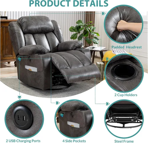 Vista 5 de MEETWARM Massage Swivel Rocker Recliner with Heat and Vibration, Manual Glider Rocking Recliner Chair, 360°Swivel Lounge Reclining Chair with Cup