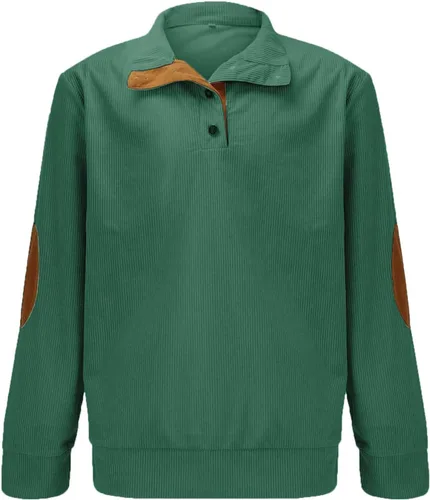 Vista 2 de CHUOAND Camisa de pana para hombre, cuello de solapa, botones, cuello alto, manga larga, suéteres con parches en los codos