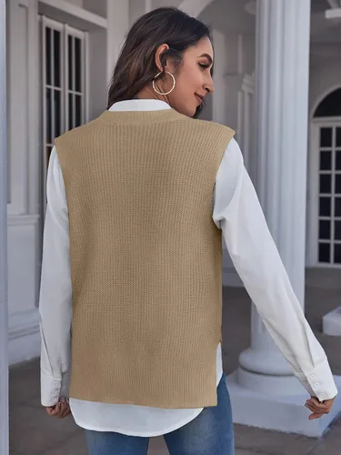 Vista 2 de Verdusa Chaleco de suéter sin mangas con cuello redondo dividido para mujer
