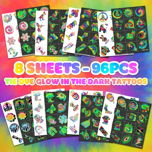 Vista 3 de 96 tatuajes temporales luminosos precortados que brillan en la oscuridad de los años 90 y 80 para niños, recuerdos de fiesta de cumpleaños temáticos