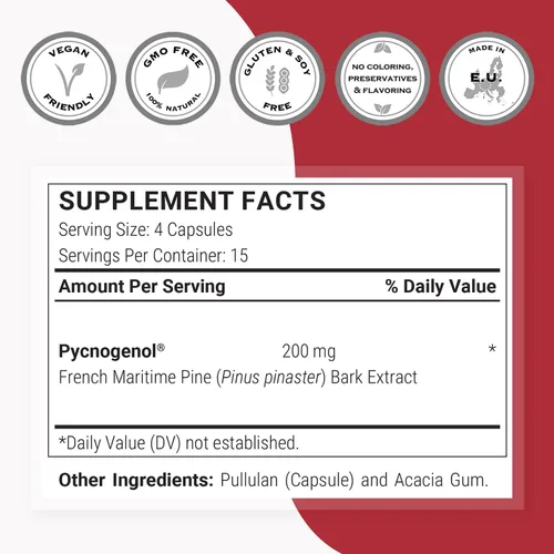 Vista 4 de Supersmart - Pycnogenol 200 mg por día (patentado y altamente biodisponible) - Extracto de corteza de pino marítimo francés Sin OMG y sin gluten