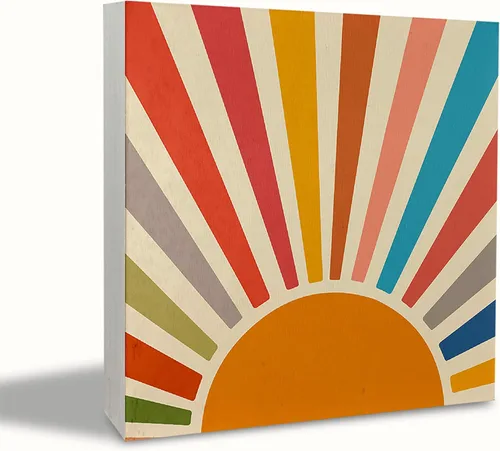 Vista 8 de KEUSPI Decoración de escritorio bohemia, retro, neutro, amanecer, puesta de sol, sol, rústico, bloque de madera, letrero para caja de placa bohemia