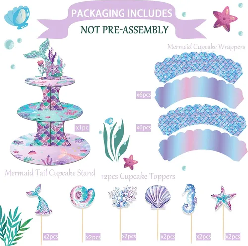 Vista 2 de Soporte para cupcakes de sirena, 3 niveles con 12 adornos Bajo el tema del mar, decoraciones de fiesta de cumpleaños para niñas, suministros