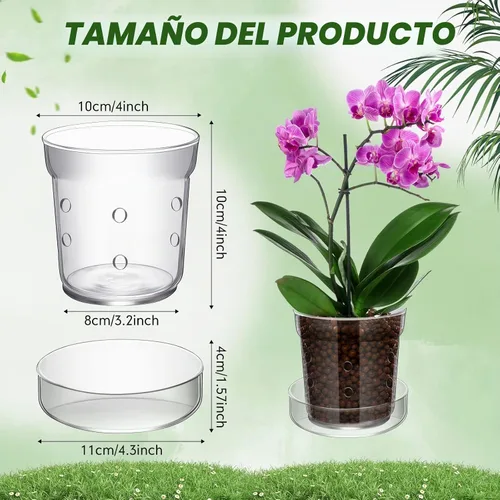 Vista 2 de Baderke Maceta de orquídeas con orificios de drenaje y bandeja de vidrio transparente para orquídeas, trasplante de flores, jarrón de vidrio