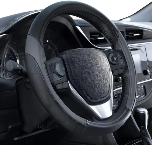 Vista 9 de Motor Trend GripDrive - Funda de cuero negro sintético para volante de automóvil, camión, camioneta, SUV, tamaño pequeño de 14 pulgadas, funda