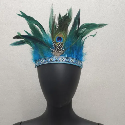 Vista 2 de Diadema de plumas india corona de plumas para carnaval, tocado de Halloween, disfraz de cosplay