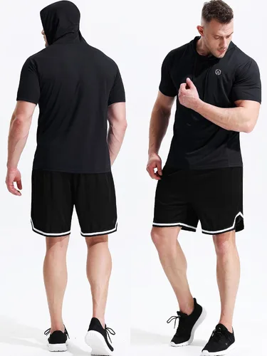 Vista 7 de NELEUS Paquete de 3 camisas de correr para hombre, camisetas atléticas de malla con capucha