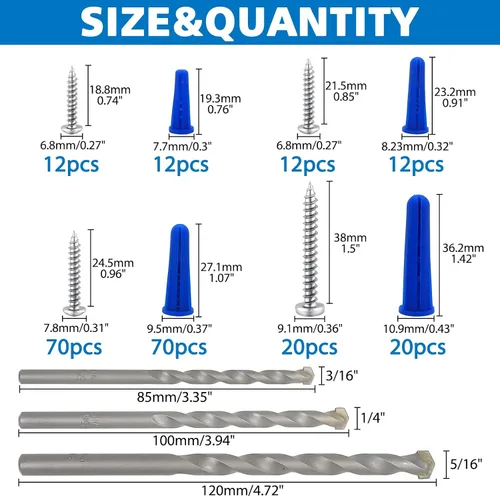 Vista 2 de Kit surtido de anclajes y tornillos de pared de hormigón cónico, 228 anclajes de mampostería con 3 brocas de perforación, 114 anclajes de pared