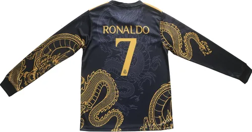 Vista 3 de Madrid Ronaldo #7 Special Gold Black Dragon Edition - Conjunto de pantalones cortos de fútbol de manga larga para niños, tallas juveniles