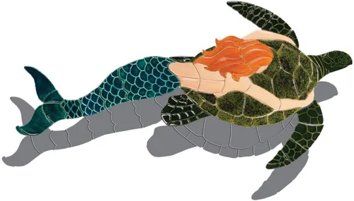 Vista 2 de Mosaico de cerámica para piscina de sirena con tortuga (35 x 17 pulgadas, rojo)