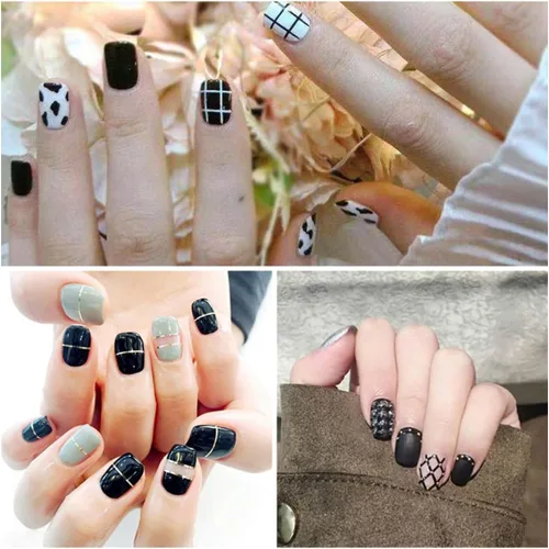 Vista 5 de 16 hojas de envolturas de uñas negras adhesivas en tiras de esmalte de uñas, tiras de gel autoadhesivas, calcomanías de esmalte de uñas sólidas