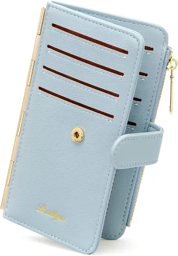 Vista 8 de Badiya Tarjetero de crédito para mujer, con bloqueo RFID, delgada, plegable, con bolsillo con cremallera y 3 ventanas para identificación