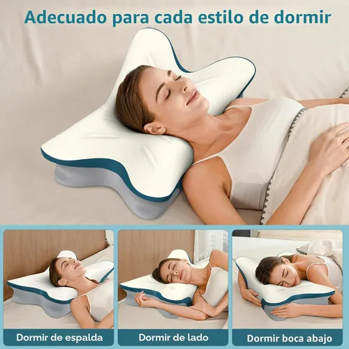 Vista 7 de Almohada cervical para aliviar el dolor de cuello, almohada ergonómica para el cuello, color blanco y azul