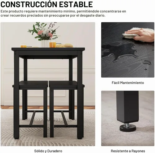 Vista 3 de Juego de mesa de comedor para 4, mesa de cocina con 2 bancos, muebles de comedor de madera de 3 piezas, juegos de sillas de comedor para rincón
