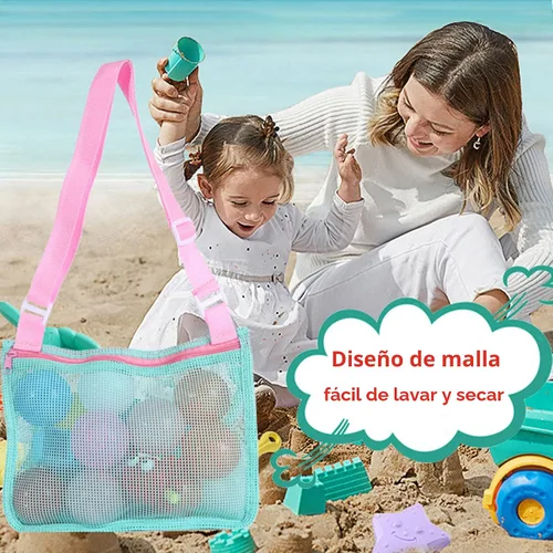 Vista 5 de UTTPLL Bolsa de playa de malla colorida ajustable para niños, bolsa de red de secado rápido para conchas marinas que recolecta arena juguete