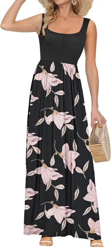 Vista 12 de AUSELILY Vestido largo con cuello cuadrado para mujer, sin mangas, floral, holgado, con bolsillos