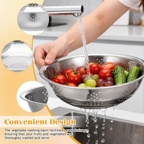 Vista 5 de iplusmile Cesta de drenaje multifuncional de acero inoxidable de 10.03 pulgadas con trituradora, colador de cocina para lavar y preparar frutas