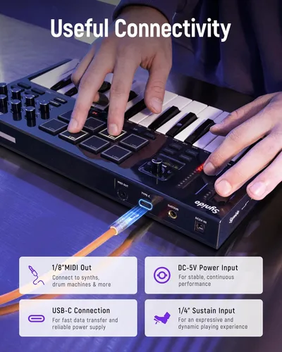 Vista 6 de Synido 25 Key USB MIDI Keyboard Controller with 8 Drum Pads, Professional Mini Midi Keyboard with OLED Screen, Beat Maker Machine for Music Negro