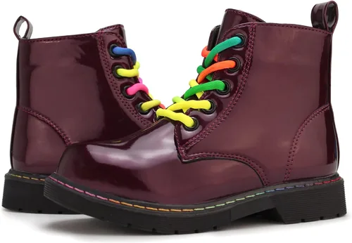 Vista 3 de Hawkwell Botas de trabajo de combate de patente para niñas y niños con cremallera lateral (niños pequeñosniños grandesjóvenes), 0 Toddler