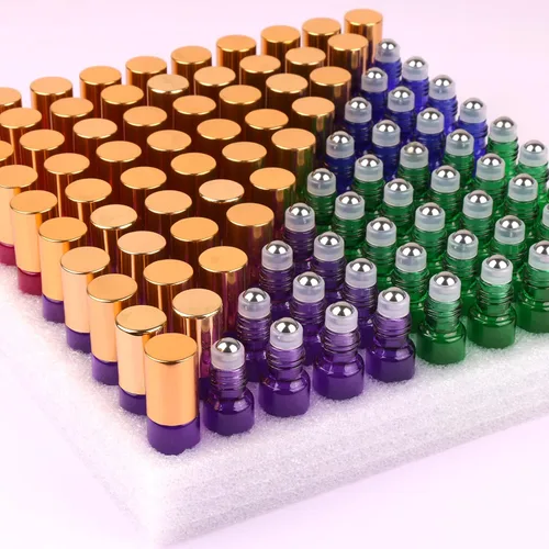 Vista 10 de MaxMau Paquete de 24 Botellas de Vidrio Ámbar de 5ml para Aceites Esenciales, Botella Roll-on con Bolas Rodantes de Acero Inoxidable, Tapas Pintadas