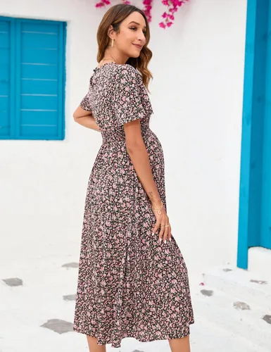 Vista 7 de KOJOOIN Vestido de maternidad bohemio con volantes de manga corta para mujer, vestido midi con cuello redondo fruncido floral para baby shower