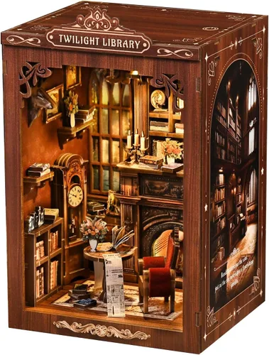 Vista 10 de Kit de construcción de casa en miniatura DIY, kit de rincón de lectura de panadería, rompecabezas de madera en 3D para estanterías, kit de casa