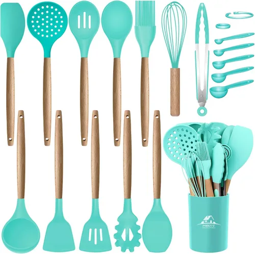 Vista 12 de MIBOTE Juego de utensilios de cocina de silicona con soporte, mangos de madera, pinzas para voltear, espátula, cuchara, utensilios de cocina