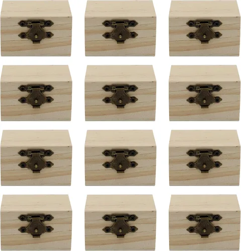 Vista 3 de Creative Hobbies Paquete de 12 mini cajas del tesoro de madera con cierre de bloqueo, cofre del tesoro de madera sin terminar para recuerdos