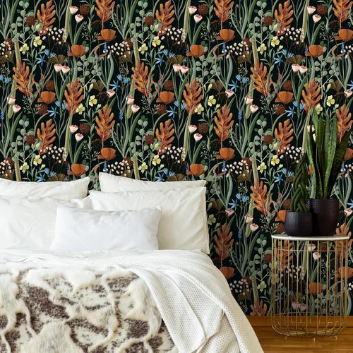 Vista 2 de VEELIKE Papel tapiz floral negro para despegar y pegar, papel de contacto floral seco silvestre para armarios, cajones, paredes, 17.7 x 354