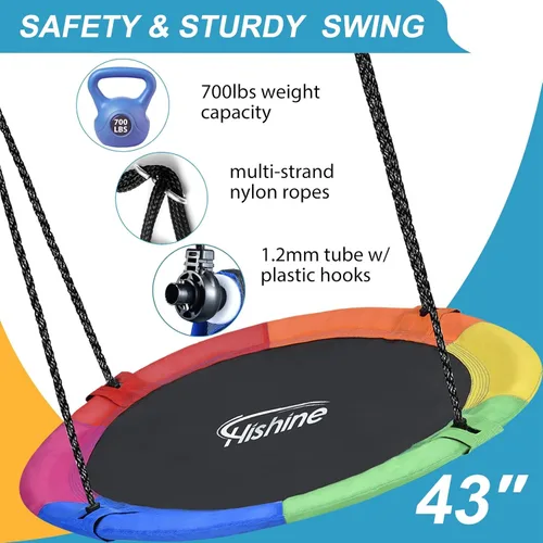 Vista 2 de Columpio de árbol de platillo de 43 pulgadas para niños, columpio redondo de textileno duradero, resistente, impermeable y resistente a todo