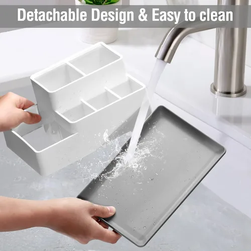 Vista 2 de Soporte para cepillo de dientes eléctrico, organizador de baño antideslizante desmontable con 6 compartimentos y agujeros de drenaje, organizador