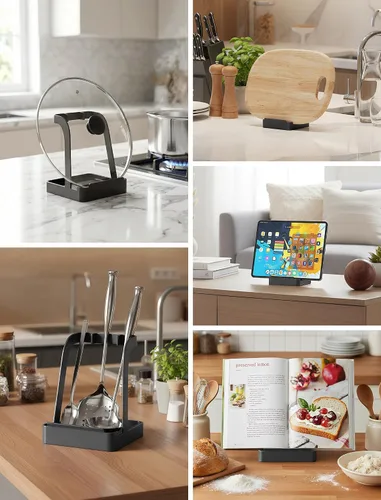 Vista 6 de NiHome Soporte para tapa de olla grande y soporte para cuchara con bandeja de goteo extraíble, organizador de encimera de cocina de hierro negro