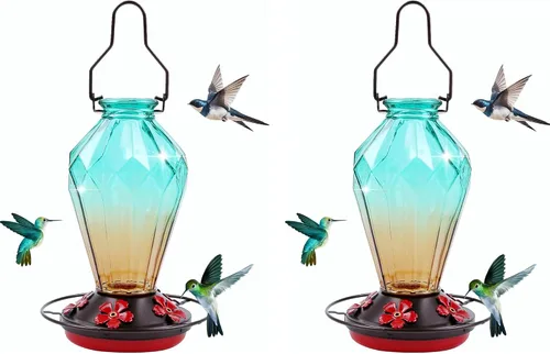 Vista 8 de Paquete de 2 comederos de vidrio para colibríes para colgar al aire libre, alimentador de néctar de colibríes de 25 onzas, perca, 5 puertos