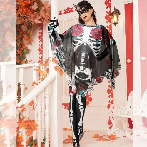 Vista 3 de Eurzom Traje de esqueleto de Halloween de 18 piezas para guantes de hueso, calcetines, orejas de gato, diadema, máscara de ojos, tatuajes faciales