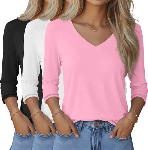 Vista 18 de Ficerd Paquete de 3 camisetas de manga 3/4 para mujer, cuello en V, blusas holgadas, blusas casuales, ropa de moda 2026