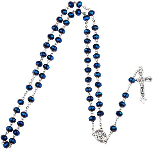 Vista 3 de Collar católico de rosario de cuentas de cristal azul profundo, oración católica Jerusalén Medalla del suelo sagrado cruz tierra santa antigua