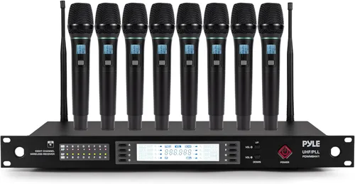 Vista 9 de Pyle Sistema de micrófono inalámbrico UHF de 8 canales con 4 micrófonos de mano, 4 Lavalier y 4 micrófonos de auriculares, rango de 300 pies