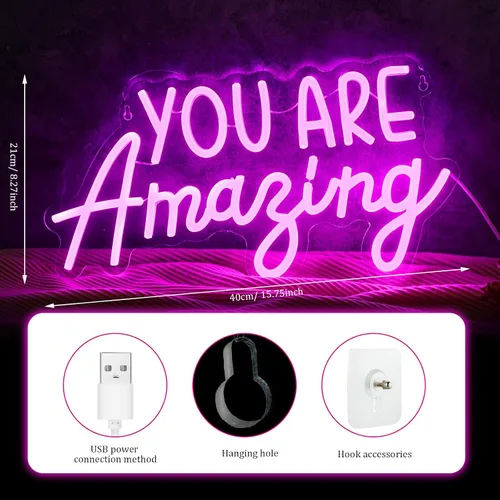 Vista 2 de Hoolerry Letrero de neón con texto en inglés «You Are Amazing Light» para dormitorio, luz LED de neón rosa, para cumpleaños, niñas, fiesta, pared