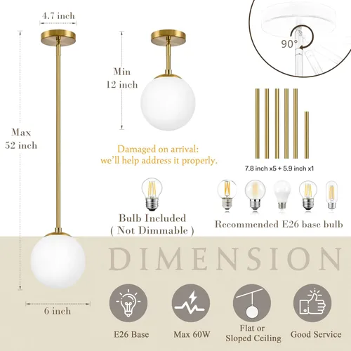 Vista 4 de Bagood Paquete de 2 lámparas colgantes de globo de 6 pulgadas, color dorado, luces colgantes de globo de mediados de siglo, luces colgantes de globo