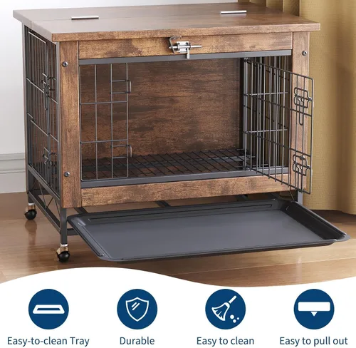 Vista 7 de Mueble de jaula para perros pequeños con ruedas, perrera de madera resistente de 2 puertas, para interiores, mesa auxiliar de jaula para perros