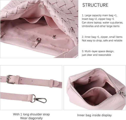 Vista 6 de Bolso tejido para mujer, bolso de mano de cuero vegano, bolso de mano retro, hecho a mano, grandes bolsas de hombro de playa de verano