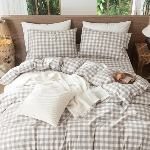 Vista 4 de MooMee Juego de 2 fundas de almohada de cuadros 100% algodón lavado con textura parecida al lino, transpirable, duradera, suave y cómoda