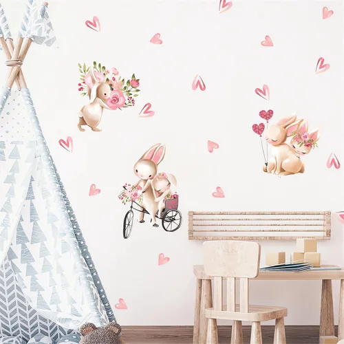 Vista 5 de Calcomanías de pared con bonito diseño de conejo rosa, diseño de conejito rosa, diseño de animales de dibujos animados, calcomanías de pared