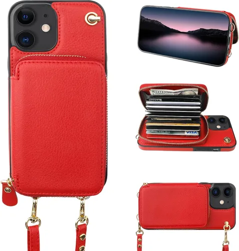 Vista 9 de Bocasal Funda tipo cartera cruzada para iPhone 12/12 Pro, funda de piel con bloqueo RFID y soporte para tarjetas, funda protectora con cremallera
