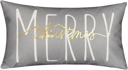 Vista 15 de ONWAY Funda de almohada de Navidad de 16 x 16 pulgadas, funda de almohada lumbar con texto en inglés "Merry Christmas", color rojo dorado