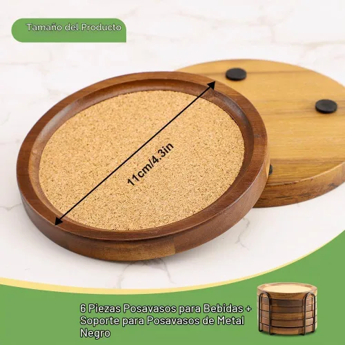 Vista 5 de WLWNWFT Posavasos de Corcho de Madera para Bebidas Absorbentes con Soporte, WLWNWFT Juego de Posavasos de Madera de Acacia Rústicos de Granja