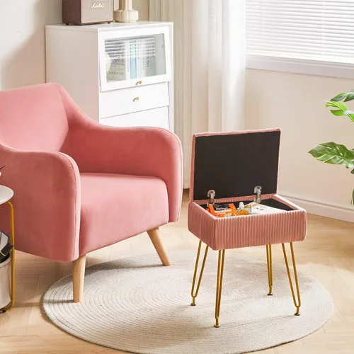 Vista 5 de YMYNY Taburete de tocador con almacenamiento, taburete otomano cuadrado, taburete de maquillaje multifuncional moderno para dormitorio, sala de Rosa