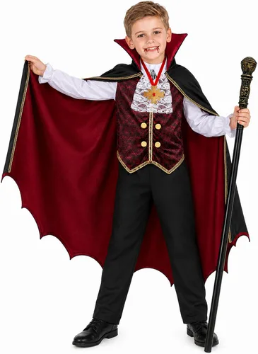 Vista 2 de Disfraz de vampiro para niños, disfraz gótico de Halloween con capa y dientes, collar de bastón, accesorios de vampiro