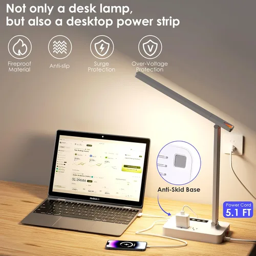 Vista 3 de Infiway Lámparas LED de escritorio para oficina en casa: lámpara de escritorio con puerto de carga USB - 1 USB-A, 1 puerto tipo C, 2 tomas de Blanco
