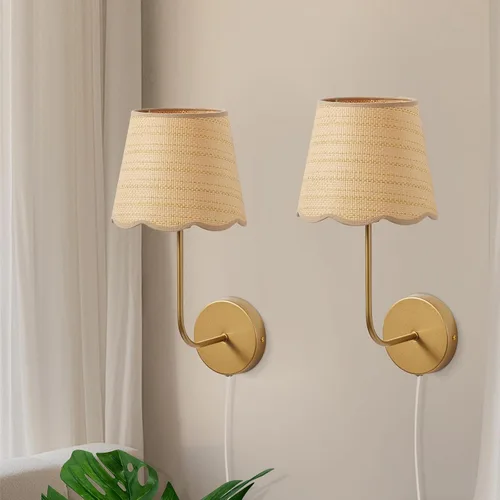 Vista 9 de Apliques de Pared Boho de Ratán, Juego de 2 Lámparas de Pared Tejidas a Mano con Enchufe, Acabado en Latón Antiguo con Pintura Cepillo y Sombra